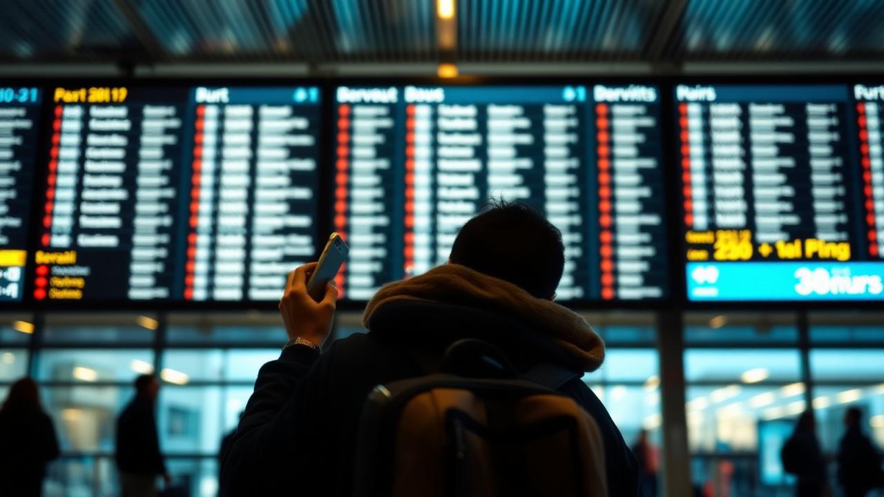 Traveler calling support in front of departures board