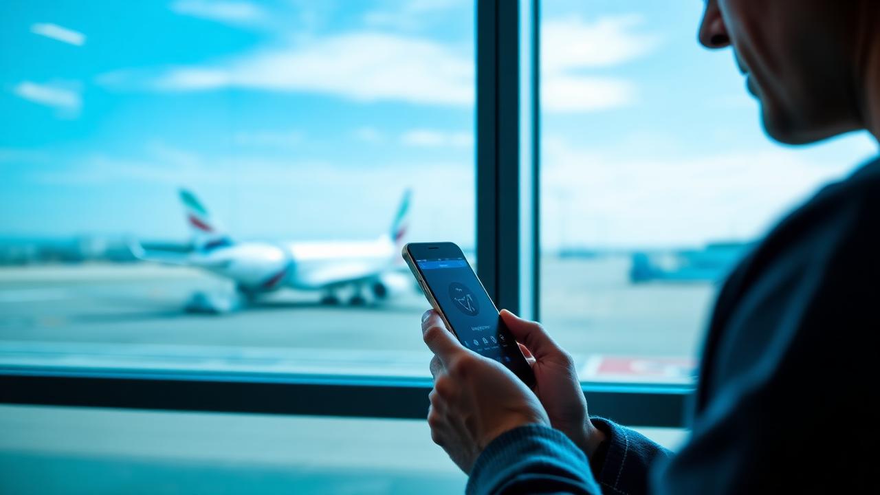 Traveler using airline app at gate