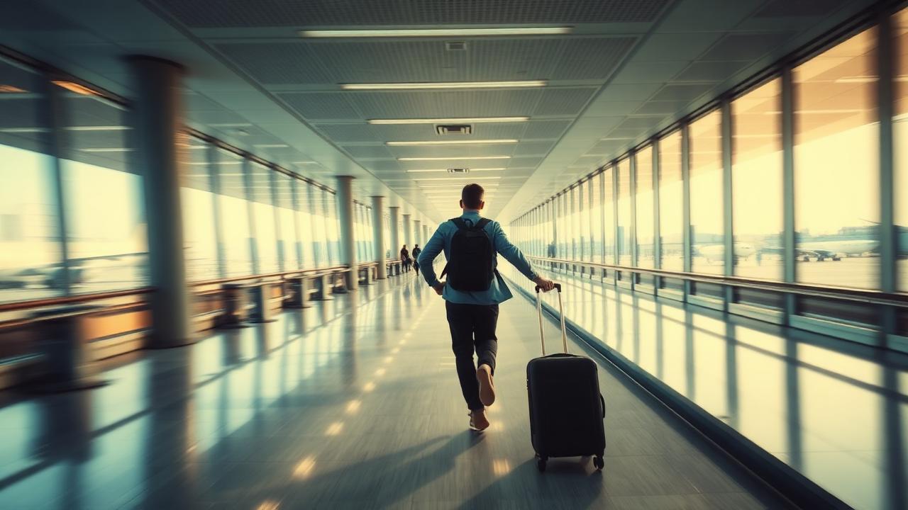 Traveler rushing through airport terminal